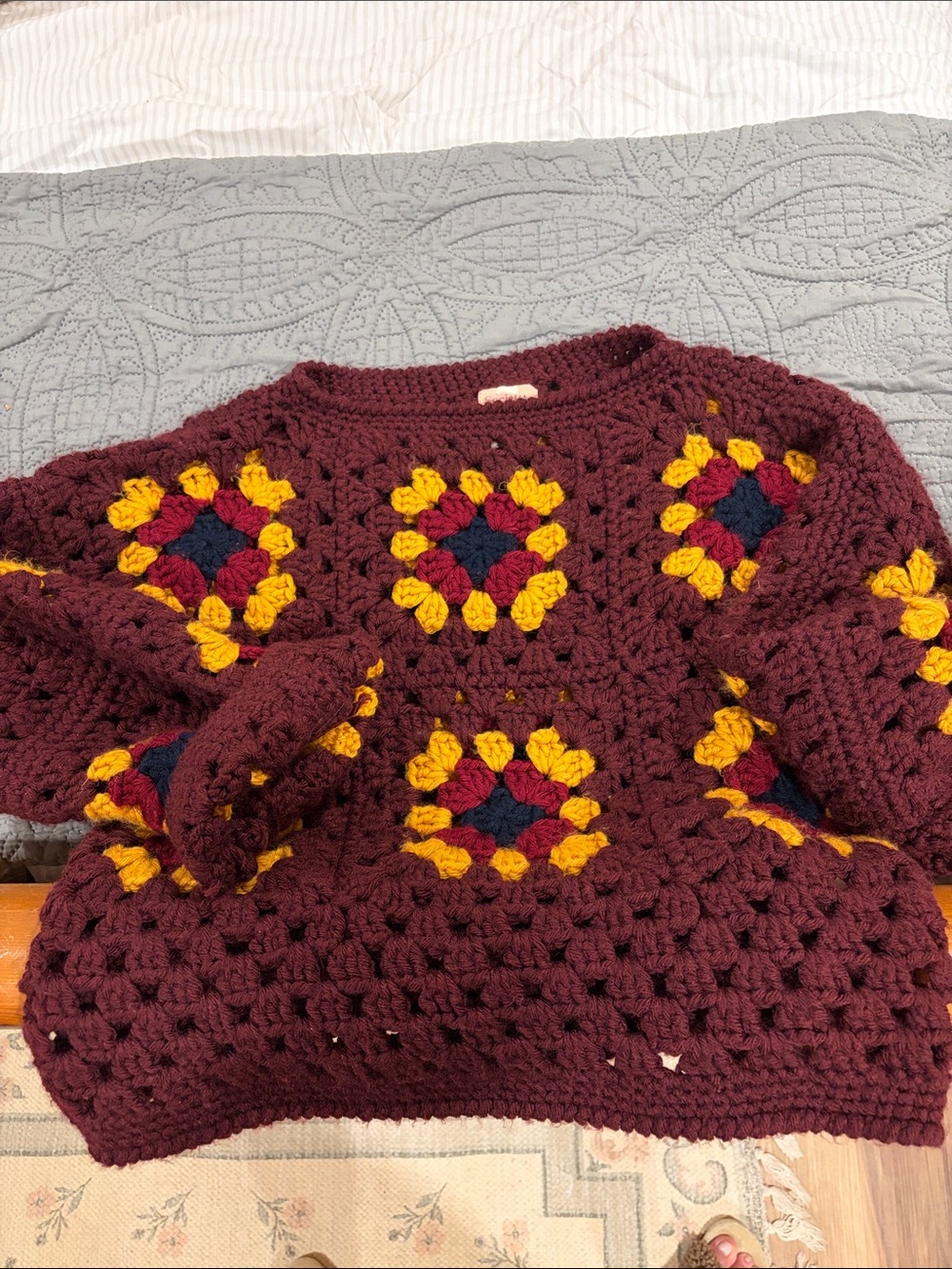 Society Burgundy Crochet Crewneck Sweater with Mustard and Navy Motifs